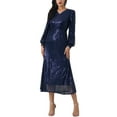 thumbnail image 2 of INSPIRE CHIC WOMLAYOUT Women's Sequin Sparkly Dresses Long Sleeve V Neck Cocktail Party Midi Dress M Deep Blue, 2 of 6