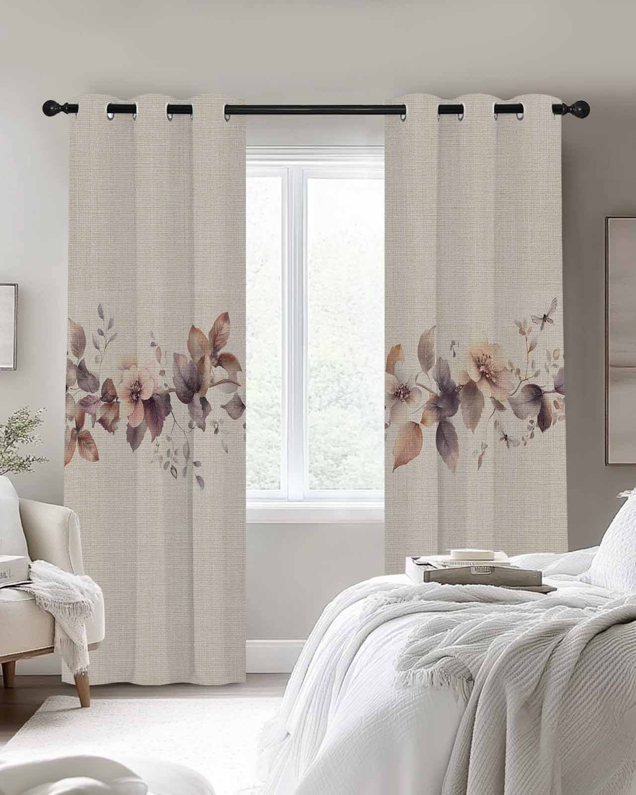 Spring Flower Blackout Curtains for Bedroom Living Room, Retro Brown Flower Watercolor Plant Linen Texture 72 In Long Thermal Insulated Room Darkening Drapes Grommet Window Treatments, 52 x 72 In