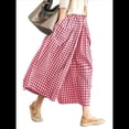thumbnail image 1 of Pantalones Palazzo de Algodón A Cuadros para Mujer, Cintura Elástica, con Bolsillos, para Verano Rojo L, 1 of 8