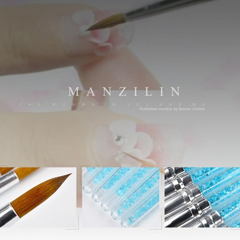 SweetCandy 6pcs/set Acrylic Nail Brush Pure 100% Kolinsky Sable Nail Brush Crimped Metal Round Handle Nail Tools