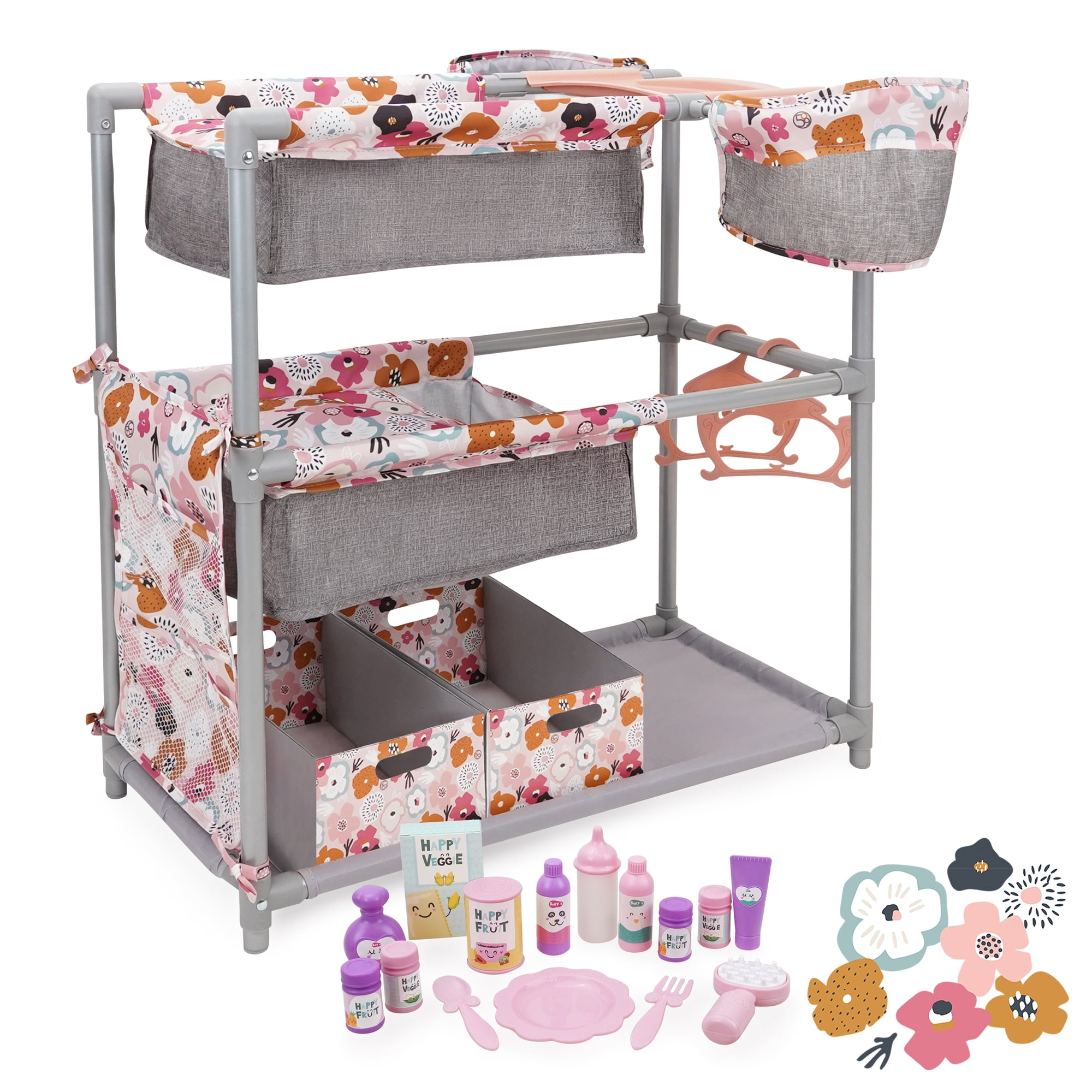 509 Crew: Melange Flora - Twin Center & Accessories Set - Gray-Pink-Flower, Bunk Bed Highchair Station, 15 Feeding-Grooming Accessory Toys, Kids 3+