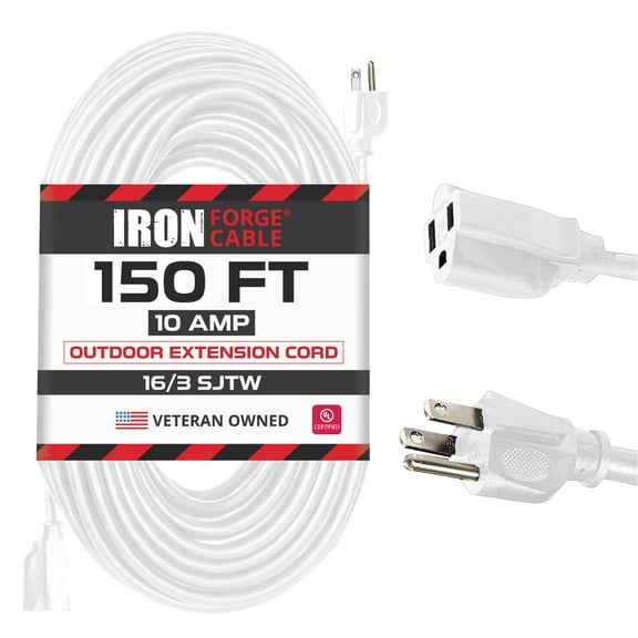 Iron Forge Cable Weatherproof 150 Ft Outdoor Extension Cord - 16/3 SJTW Heavy Duty White Extension Cord 3 Prong - 10 Amp Exterior Power Cable