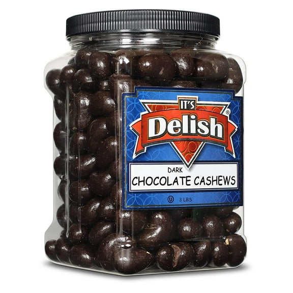 Dark Chocolate Covered Cashews by Its Delish, 3 LBS Jumbo Reusable Container Jar  Gourmet Dark Chocolate Cashews, Healthy Snacks Chocolate Fruit, USA Made, Vegan, Kosher