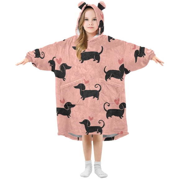 Dachshund Dog with Hearts Valentine Flannel Wearable Blankets Hooded Design Long Sleeves Wrap Unisex for 3T-14Y S