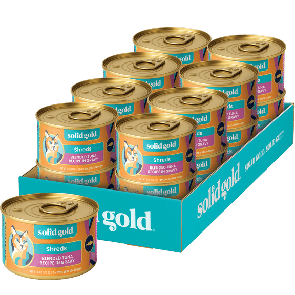 Solid Gold Shreds in Gravy with Real Tuna Fish for Cats - Canned Wet Cat Food - Grain & Gluten Free Shreds with Gravy - Superfood, Protein, Vitamins, Minerals & Amino Acids - 6oz Can