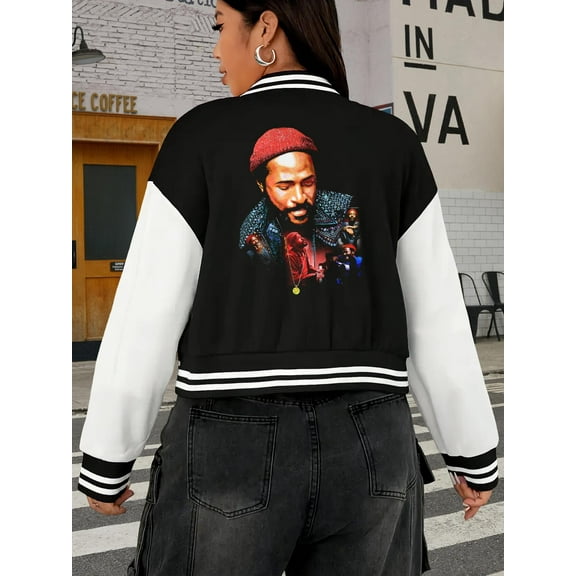 Women's Big Size Baseball Jacket Hoodie Featuring Marvin Gaye African American Music Design Black History Month Black Lives Matter