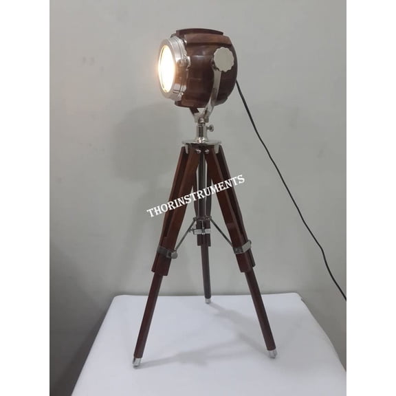 MODERN DESIGNER SPOT SEARCHLIGHT TABLE LAMP CHROME FINISH WITH BROWN TRIPOD