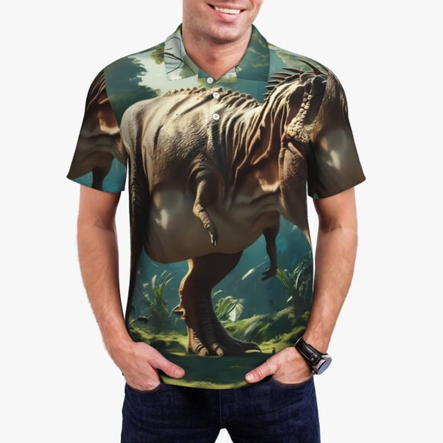 Balery Green Forest Dinosaur Camisa Polo de Hombre con Estampado, de Manga Corta y Tejido Medio, Camisa Tipo Golf Polo-XX-Large