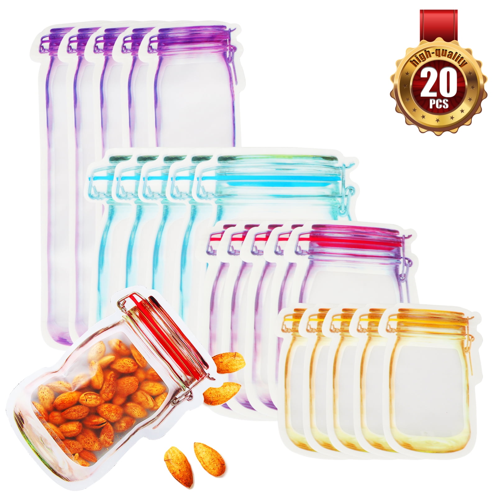 20Pcs/Set Reusable Mason Jar Bottles Zipper Snack Bags Seal Food Saver Storage 