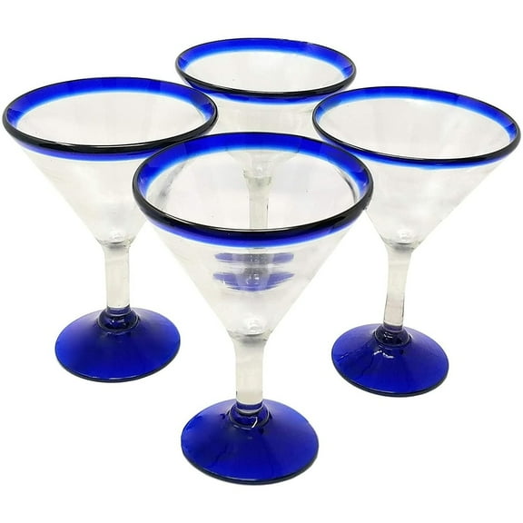 Mexican Hand Blown Glass - Set of 4 Hand Blown Modern Margarita Glasses - Blue Rim (12 oz)