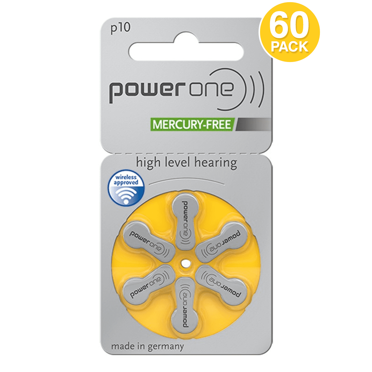 PowerOne Hearing Aid Batteries Size 10, PR70 (60 Batteries) + 2 Cell