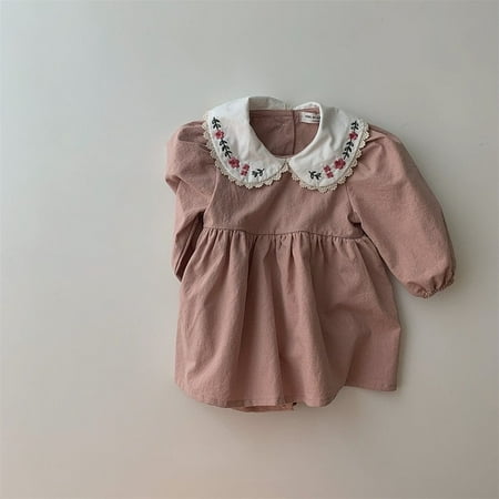 

DancePeanut Baby Girl Rompers Baby Doll Neck Flower Embroidered Long Sleeve Jumpsuits Ins Newborn Vintage Cotton Baby Girl Dress Clothes
