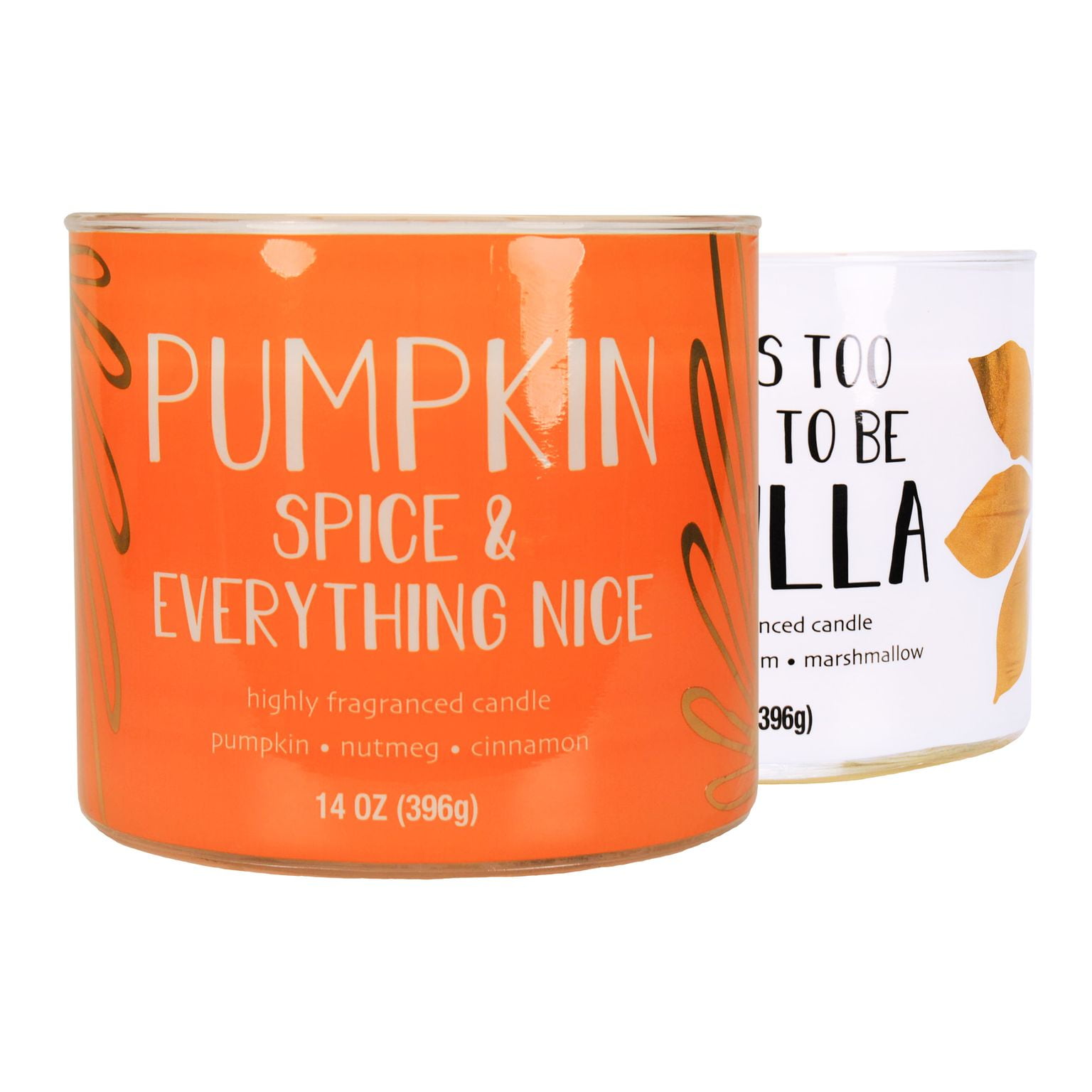 Mainstays Life is Too Short to Be Vanilla & Pumpkin Spice and Everything Nice Scented 3-Wick Candles, 14 oz., 2-Pack