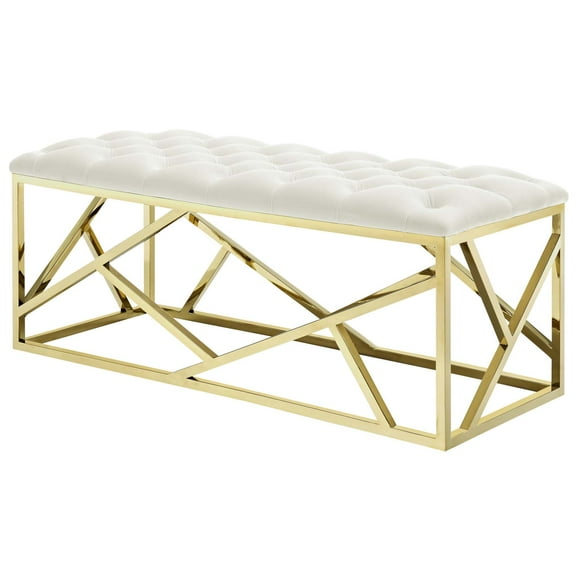Modern Deco Contemporary Urban Design Living Room Lounge Club Lobby Accent Chair Bench, Velvet Fabric Metal Steel, Gold Ivory