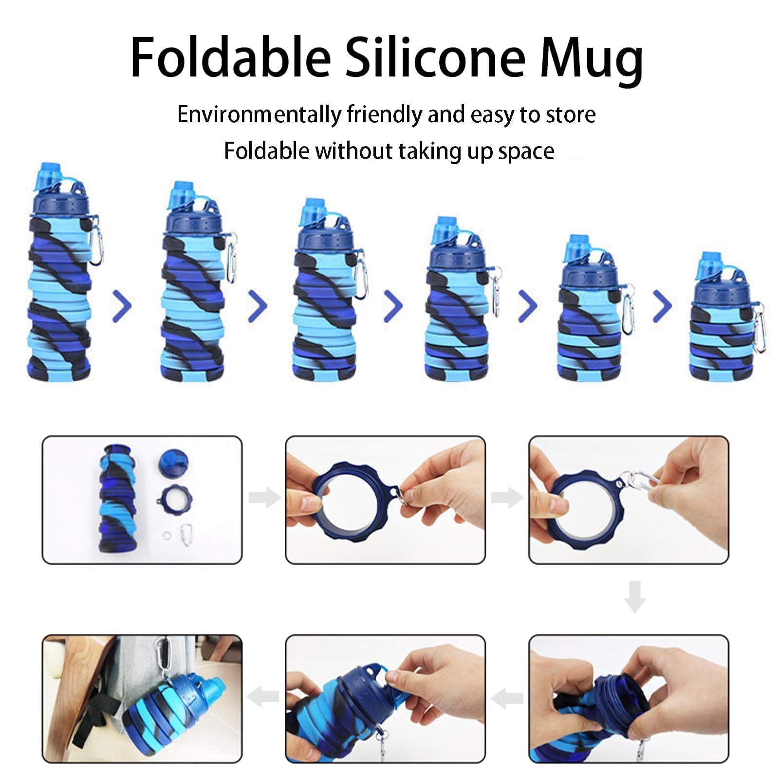 Collapsible Water Bottles Two Pack Travel Sports Portable Sport Water Bottle comes with mountaineering Buckle 500ml silicone Water-proof camping water bottle (Purple and Grey Color)