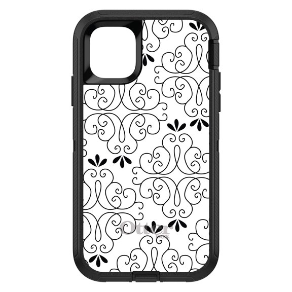 DistinctInk OtterBox Defender Custom Case for Apple iPhone 15 (6.1" Screen) - Black White Floral Pattern - Tempered Glass Back
