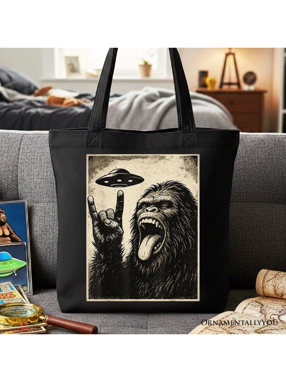 Bigfoot UFO Funny Canvas Tote Bag, Rock and Roll Sasquatch Meme Gift Shopper