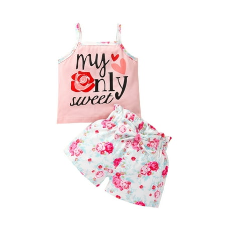 

Bowanadacles Girls Letter Suspender Tops and Bow Printing Short Pants Set