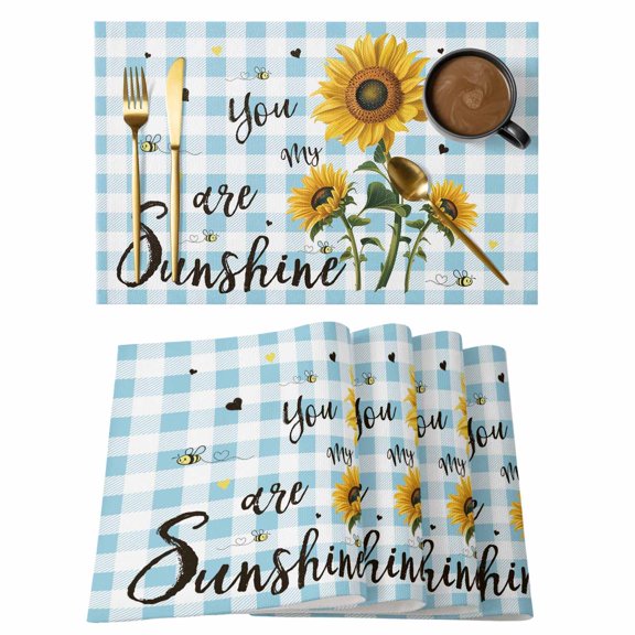Sunflower Placemats Set of 8, Blue Plaid Farmhouse You Are My Sunshine Placemats for Dining Table, Place Mats for Kitchen Tabletop, Waterproof Wipeable Dining Table Mats Set