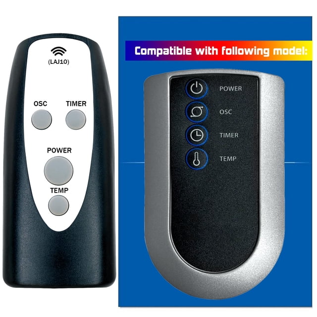 mando a distancia de repuesto para ventilador de pedestal lasko 2033674 s16612 s16614 s18610 s18965 control remoto multicolor, carcasa ovalada negra con frontal plateado y botones POWER, OSC, TIMER y TEMP; vista frontal junto al control original sobre fondo azul, no incluye pilas AAA 1,5 V. Adecuado como reemplazo directo para los modelos Lasko indicados.