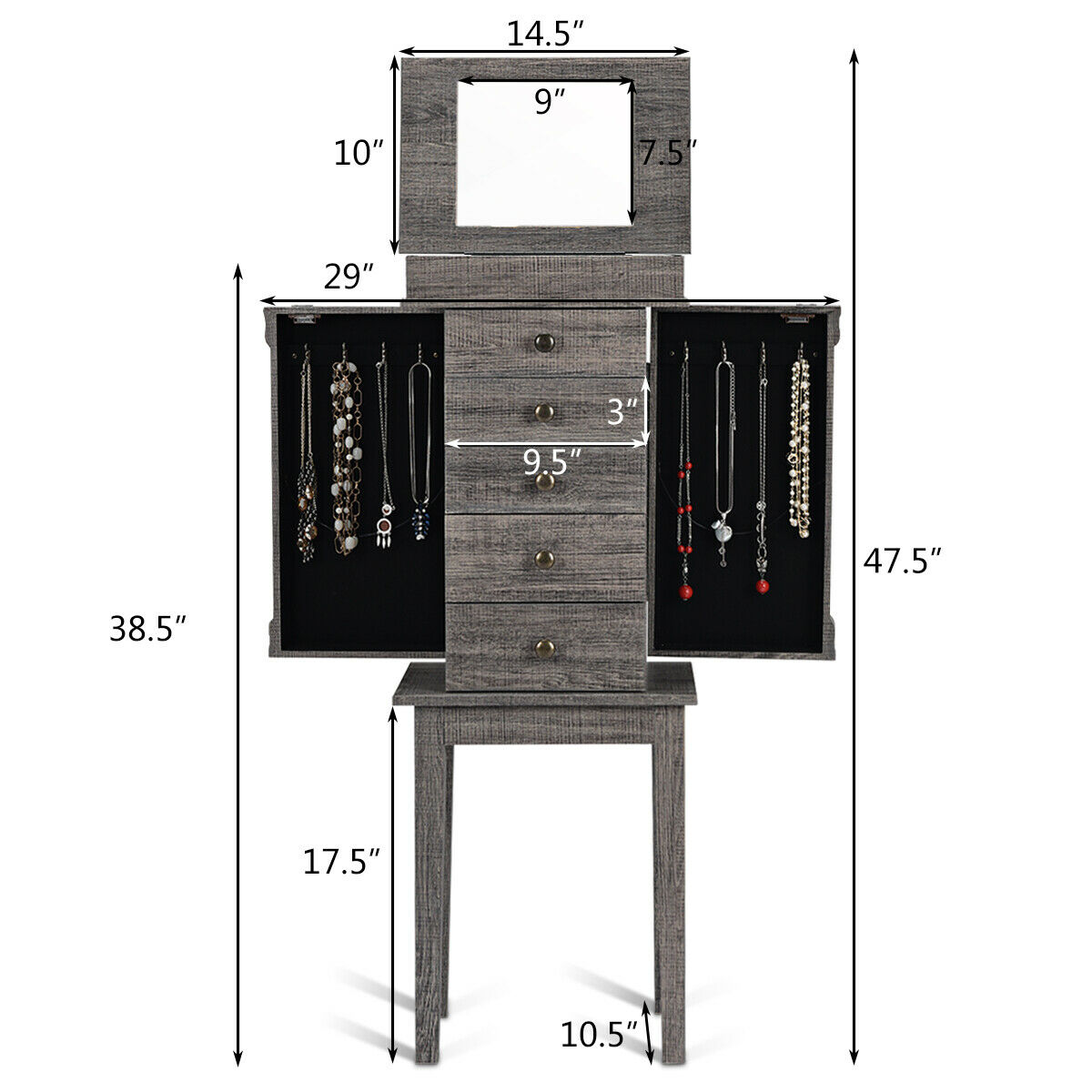 Gymax Standing Jewelry Mirror Cabinet Storage Organizer Wood Legs & 5 Drawers Christmas Gift