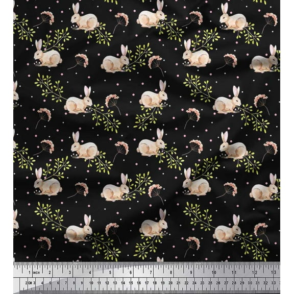 Soimoi Cotton Duck Fabric Dot,Leaves & Rabbit Animal Print Sewing Fabric Yard 42 Inch Wide