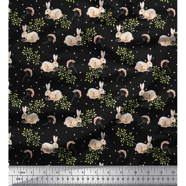 Soimoi Cotton Poplin Fabric Dot,Leaves & Rabbit Animal Printed Fabric 1 Yard 56 Inch Wide