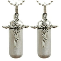 SET of TWO - Brushed Silver ROSE CROSS CREMATION URN Keepsakes with ENGRAVED HEARTS - Includes Velvet Pouches, Ball-Chains and Fill Kit