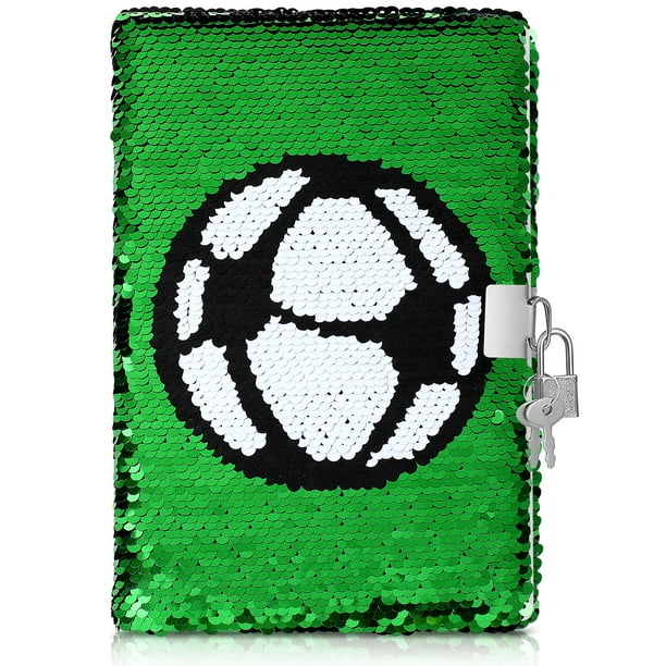 BRIGHTFUFU Notebook de lentejuelas Notebook de patrones de fútbol reversible con bloqueo y llaves diario diario diario diario de cuaderno para niños y adultos