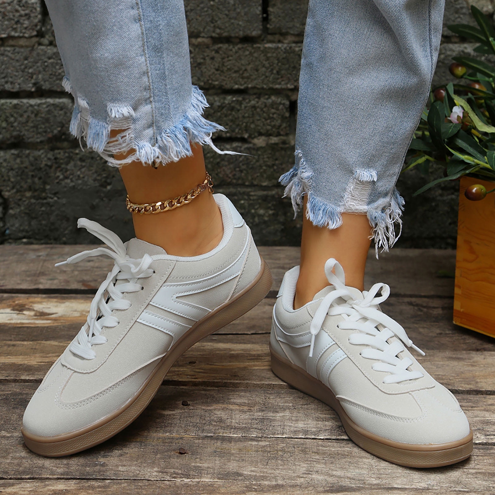 Tennis Shoes Womens Lace up Retro Classic Trainers Skate Shoes Fashion Suede Color Block Sneakers Nonslip Flat Walking Shoes Beige Size 9.5