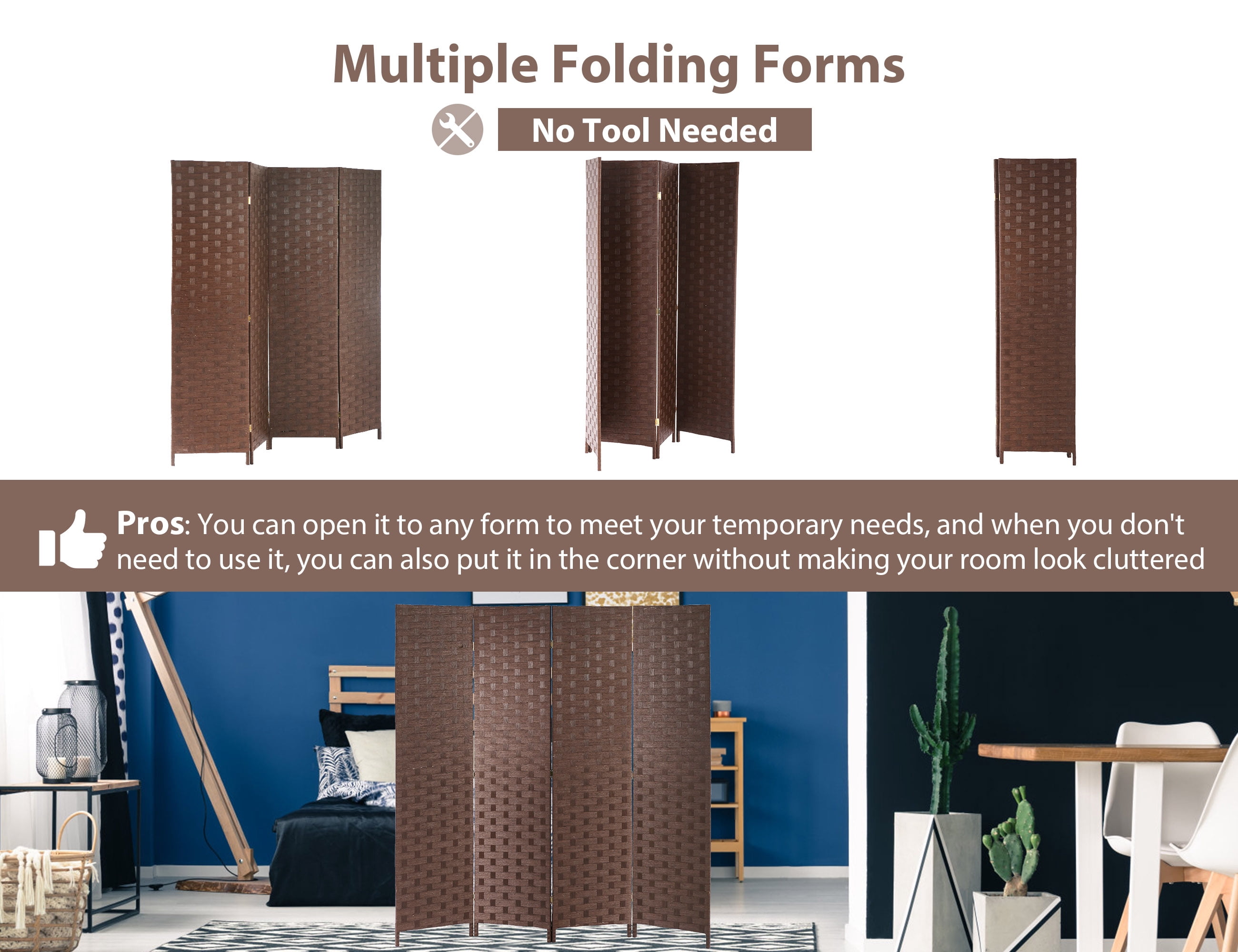 YRLLENSDAN 4 Panel Room Dividers, 6FT Room Partitions and Dividers for Room Separation Hand-Woven Design Portable Wall Folding Screen Privacy Screens, Brown