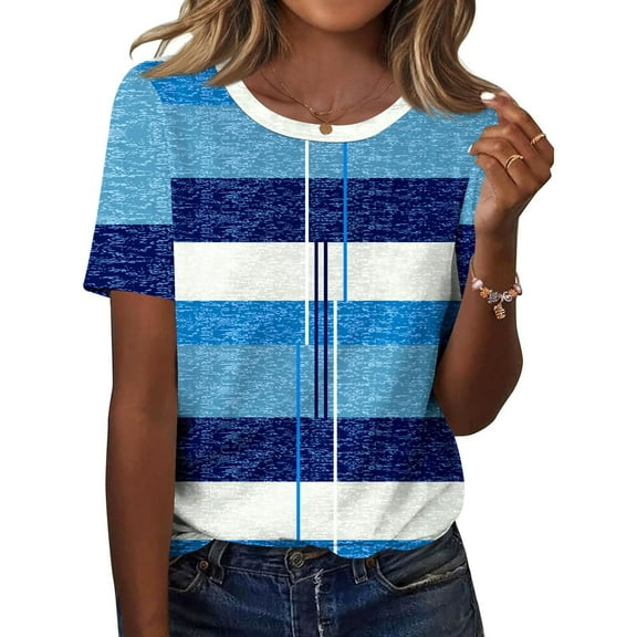 Itsame Summer Womens Printed T-Shirt Casual Short Sleeved Shirt Tops Round Neck Blouses Blue Size L