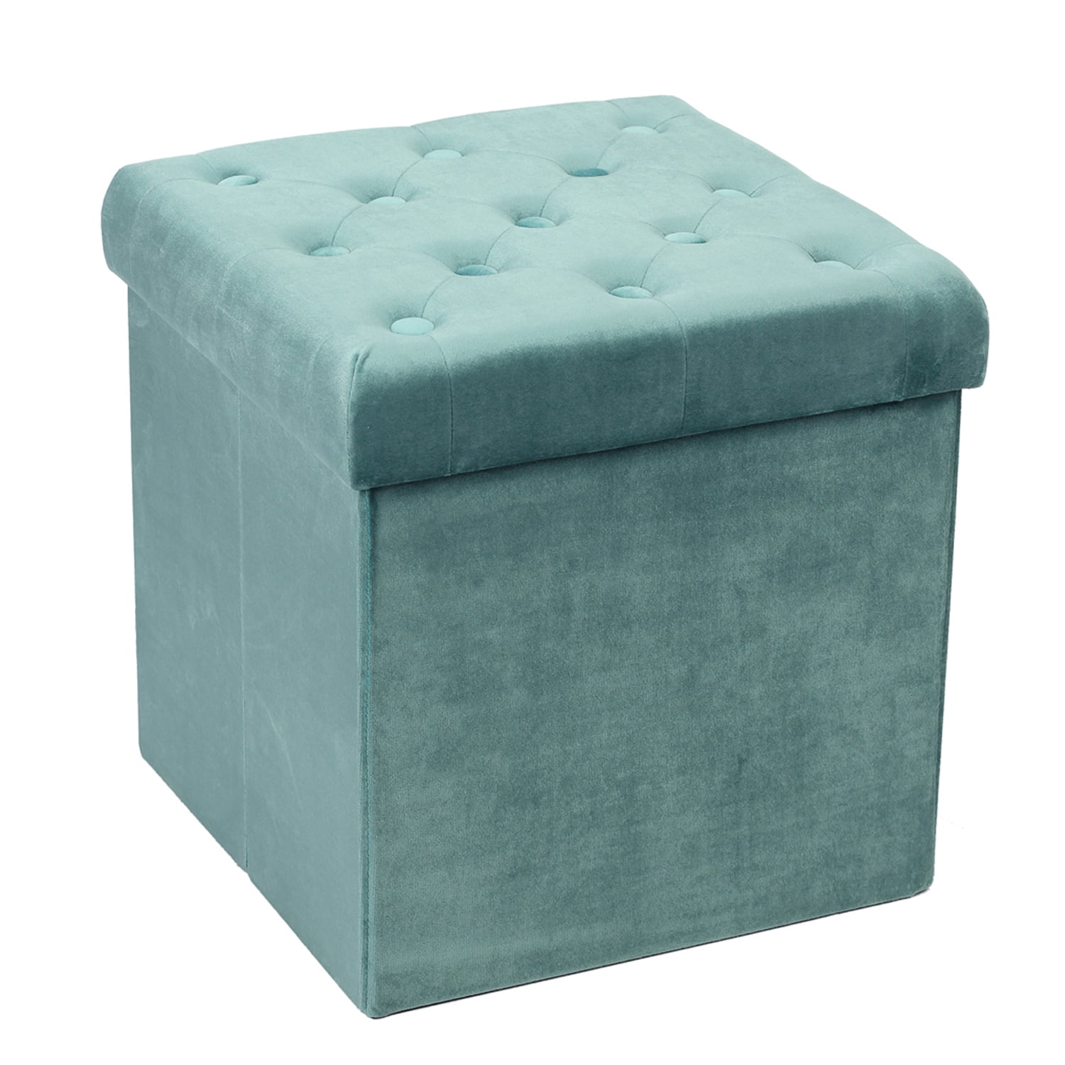 PINPLUS 15.7" Teal Storage Ottoman Velvet Tufted Folding Ottomans