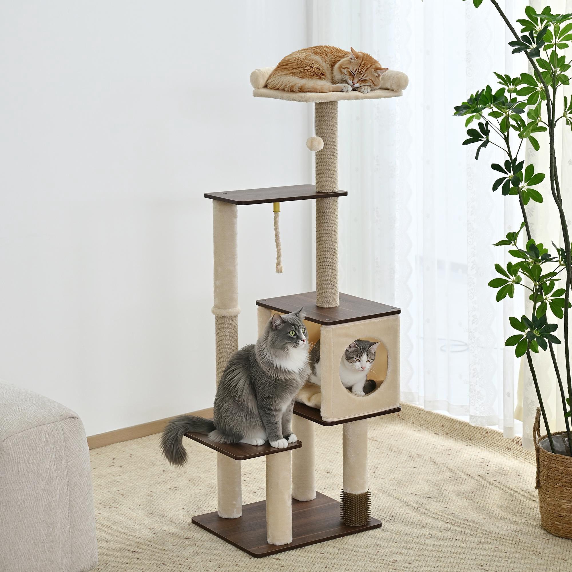 Vibrant Life 6-Level 56" Cat Tree with Grooming Brush and Condo, Beige