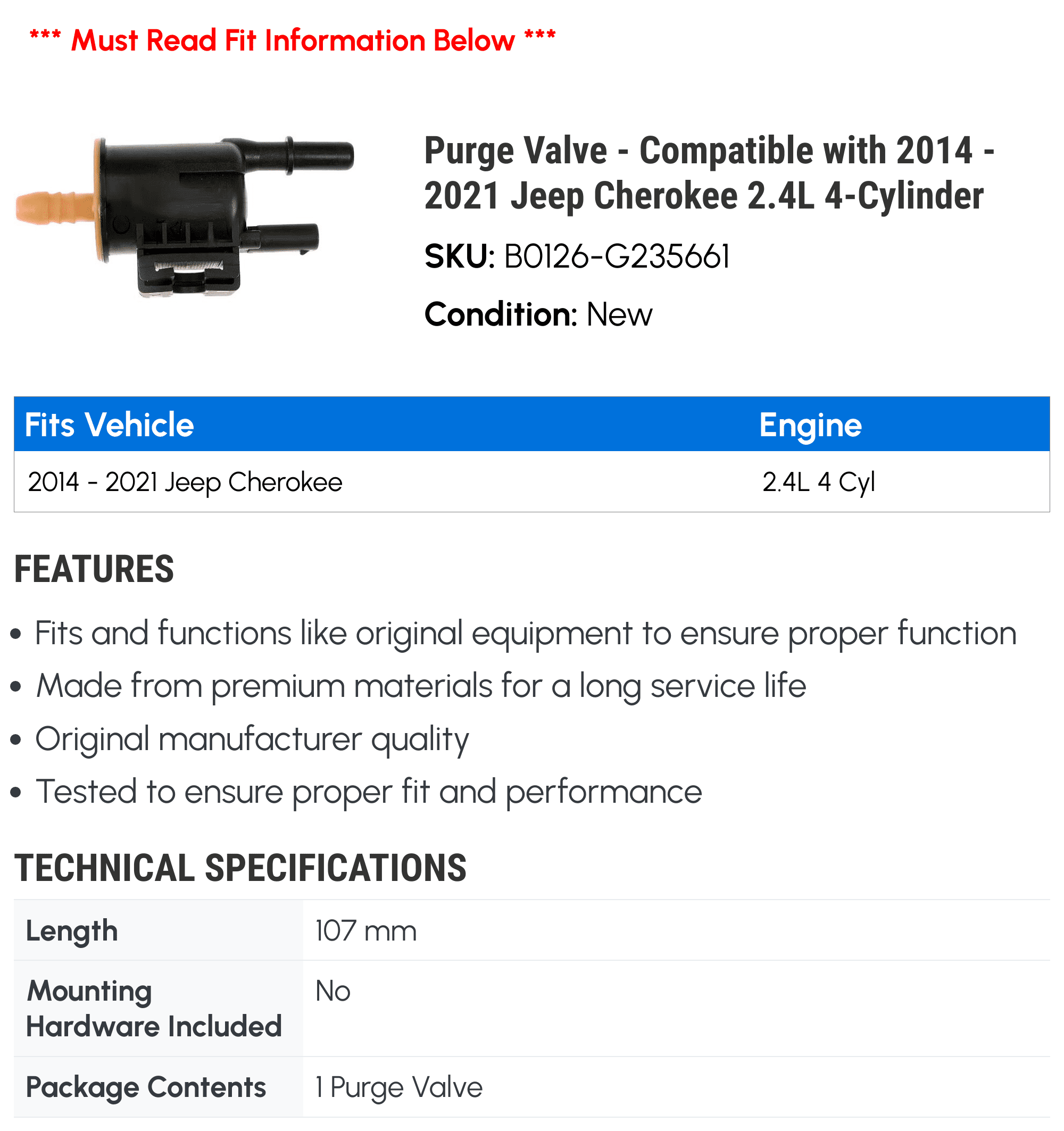 Purge Valve - Compatible with 2014 - 2021 Jeep Cherokee 2.4L 4-Cylinder - Dorman