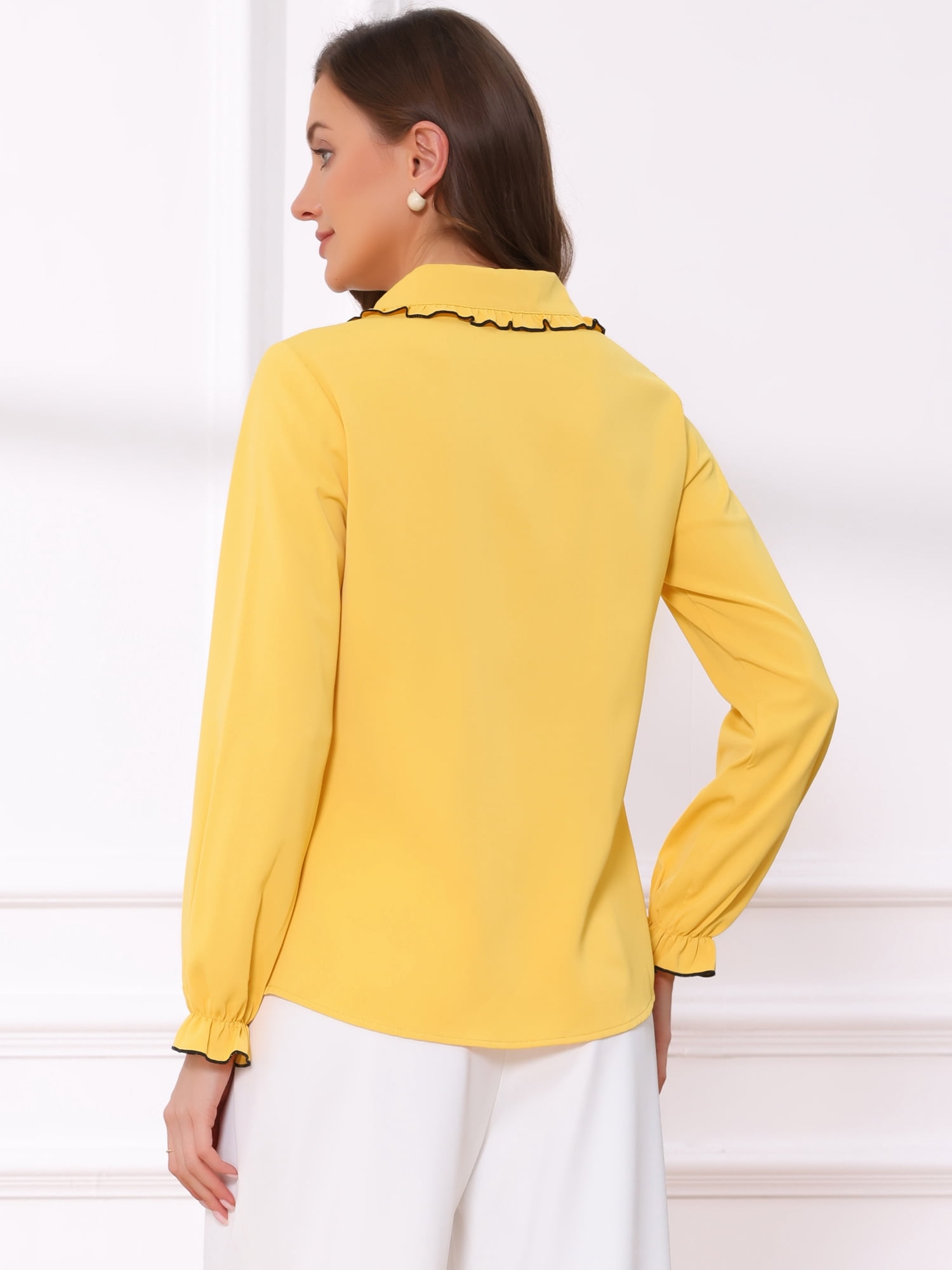 DARING DIVA Women's Long Sleeve Peter Pan Collar Button Down Blouse M Yellow