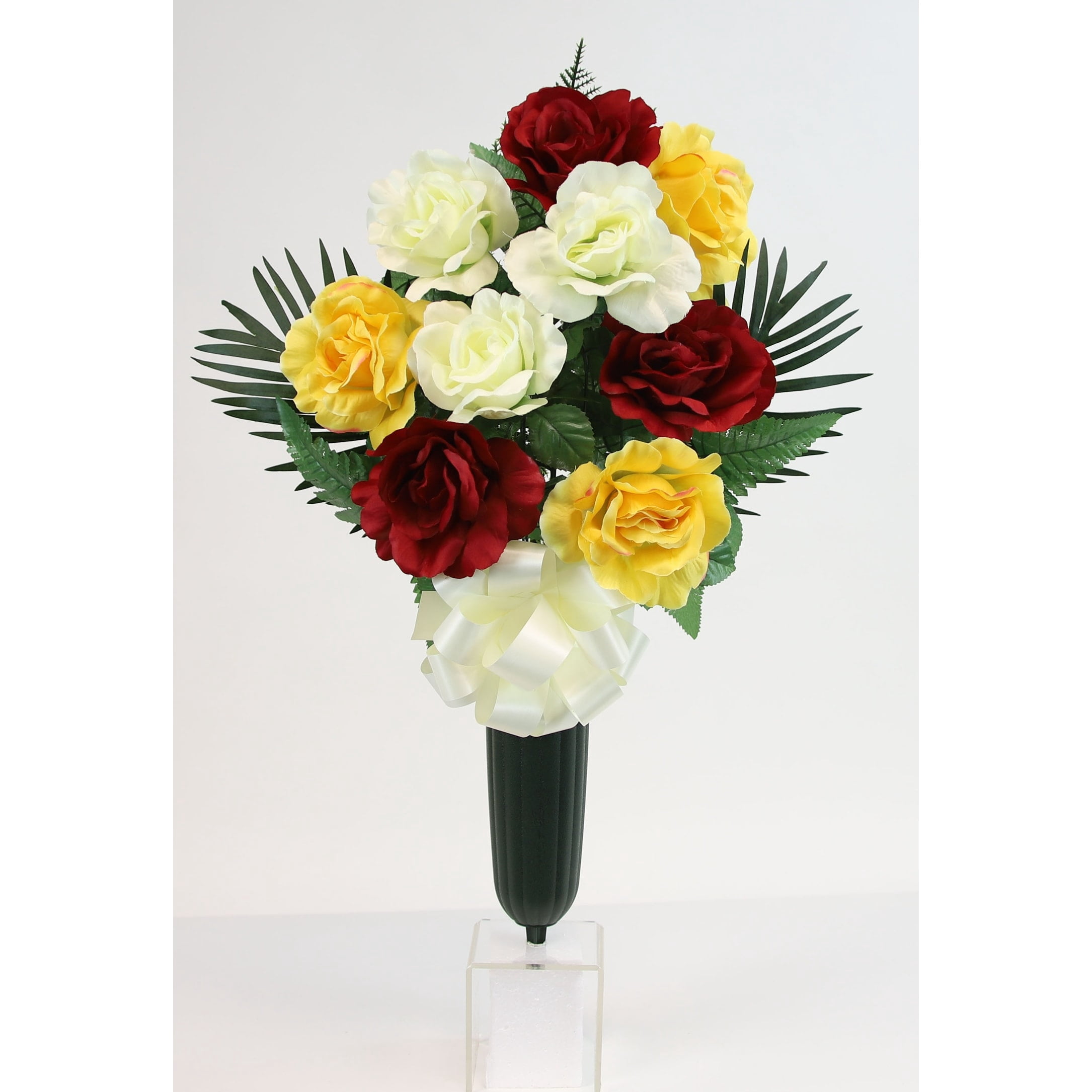 Flat Large Rose X9 Cemetery Vase - N/A Fuschia, Pink, White