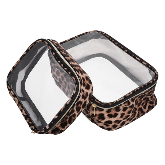 HOOWIFFY 2-Pack Large Leopard Print Travel Cosmetic Bags, Portable Clear Toiletry Organizer Pouch Set