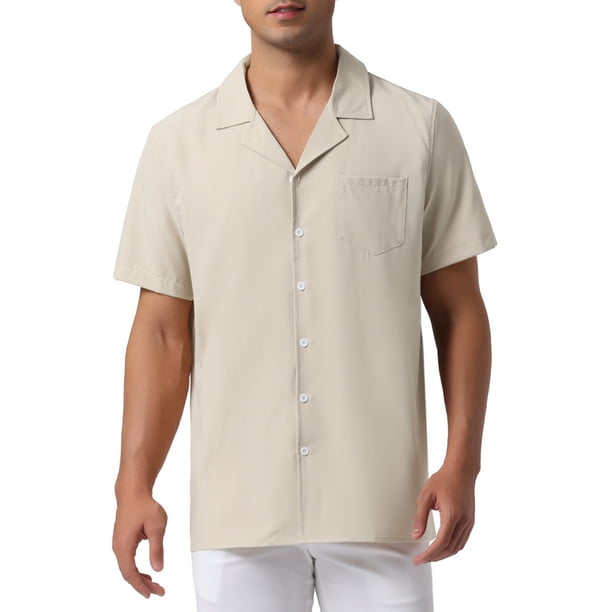 CAMISAS DE LINO PARA HOMBRE CON COLLAR CAMP, MANGA CORTA, BOTONES, CAMISAS DE VERANO DE PLAYA L Khaki