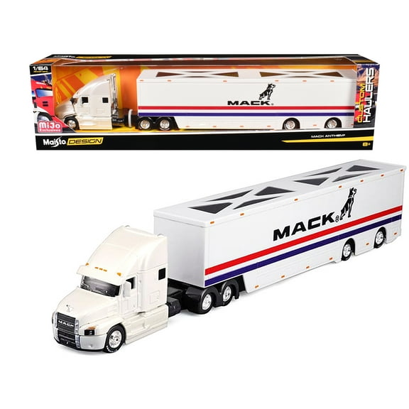 Mack Anthem Enclosed Car Transporter "Mack" White with Red and Blue Stripes "Custom Haulers" Series 1/64 Diecast Model by Maisto