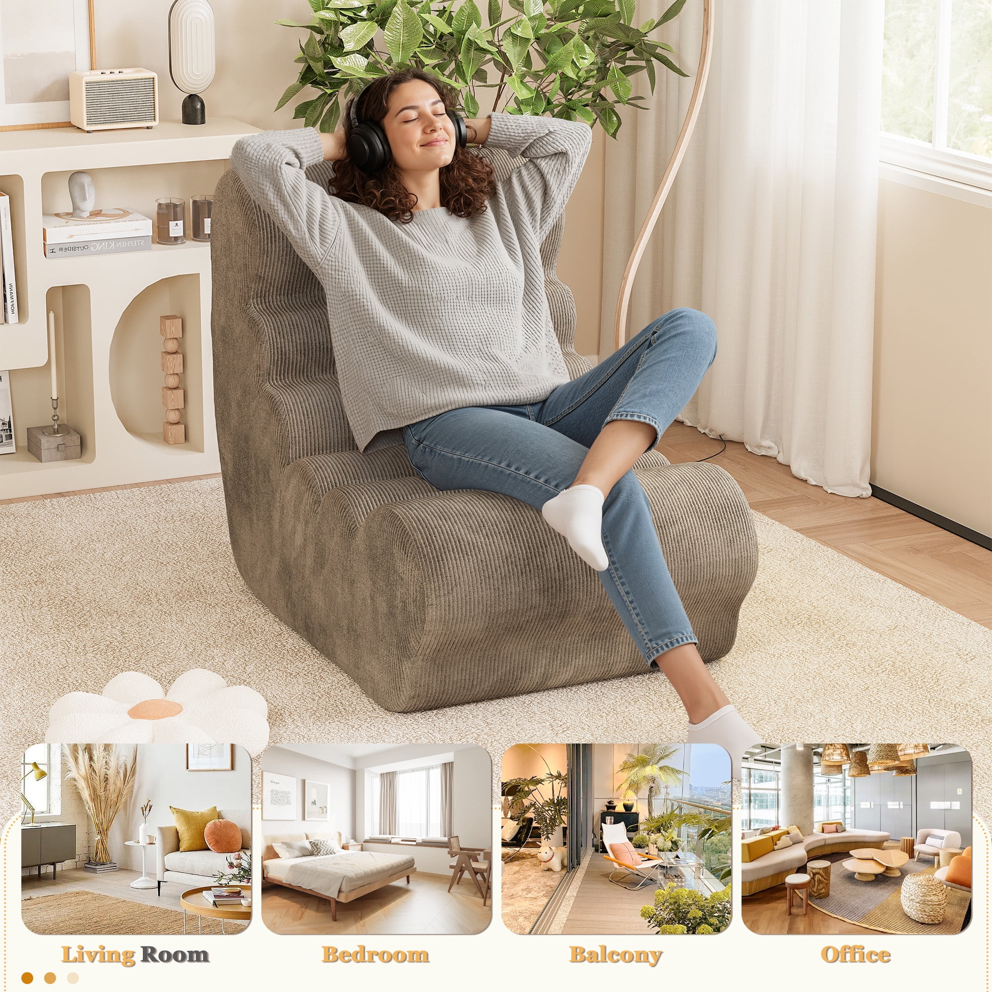 Homall Teddy Plush Bean Bag Chair for Adults – Soft Sponge-Filled Lounge Seat, Comfortable Floor Chair for Living Room and Bedroom, Brown