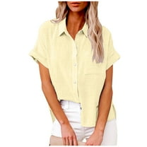 Ayolanni Beige Womens Tops Short Sleeve Women's Tops Fashion Solid Button Shirt Female V-Neck Loose T-Shirt Blouse
