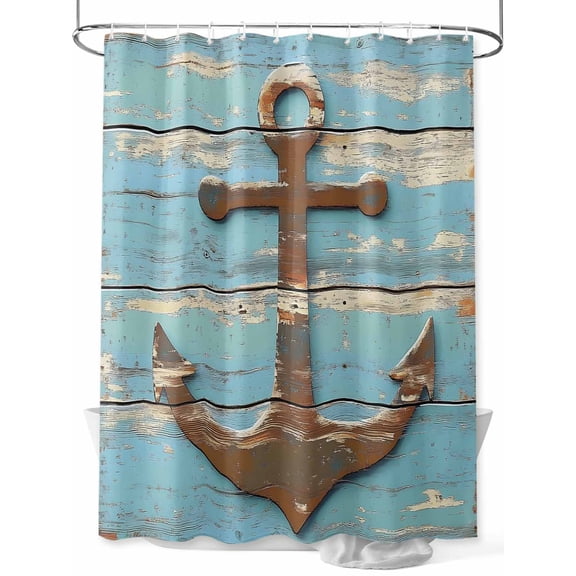 Retro Nautical Shower Curtain, Anchor Wood Texture Bathroom Decor Curtains Set with Hooks, Brown Turquoise Waterproof Fabric Home Accessories， 60 X 72 Inch Long