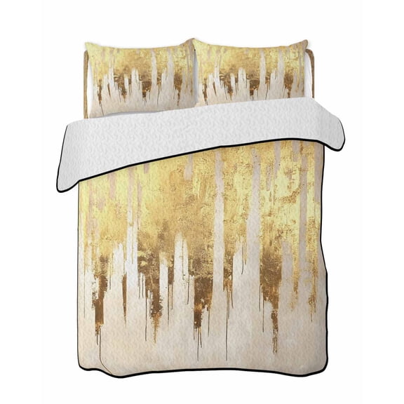 Abstract Gold Summer Quilt Set King Size, Soft Microfiber Quilted Bedding Set with 2 Pillow Shams, Modern Brush Luxury Strokes Artwork Lightweight All Season Bedspread Coverlet for Bedroom 96"x106"
