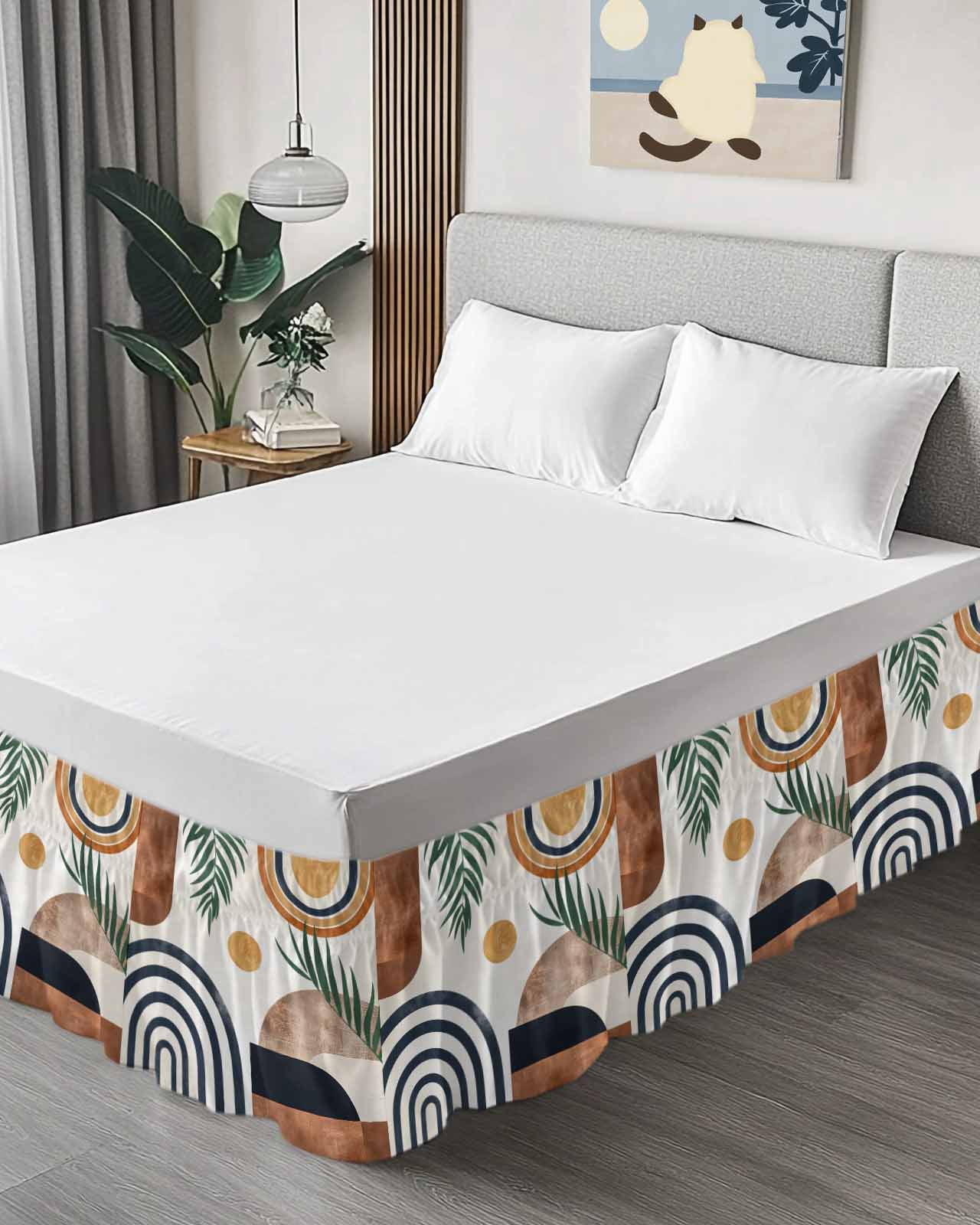 Abstract Boho Bed Skirt Cal King Size, Bohemian Palm Leaf Geometric Leaf Circle Wrap Around Bed Skirting with Adjustable Elastic Strap, Dust Ruffled Pleated Bedskirts 18 Inch Drop for Bedroom Beds