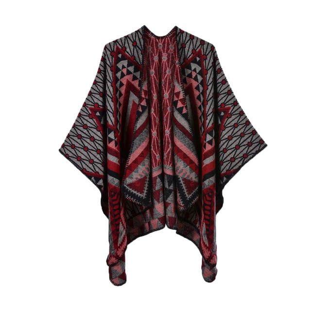 Hamky Coats for Women Fall Jacket Women's Shawl Wrap Patterns Printed Open Front Knitted Winter Thick Cardigans Sweater Ruana Cape Zip Up Jackets for Women Womens Jackets Casual Red One Size
