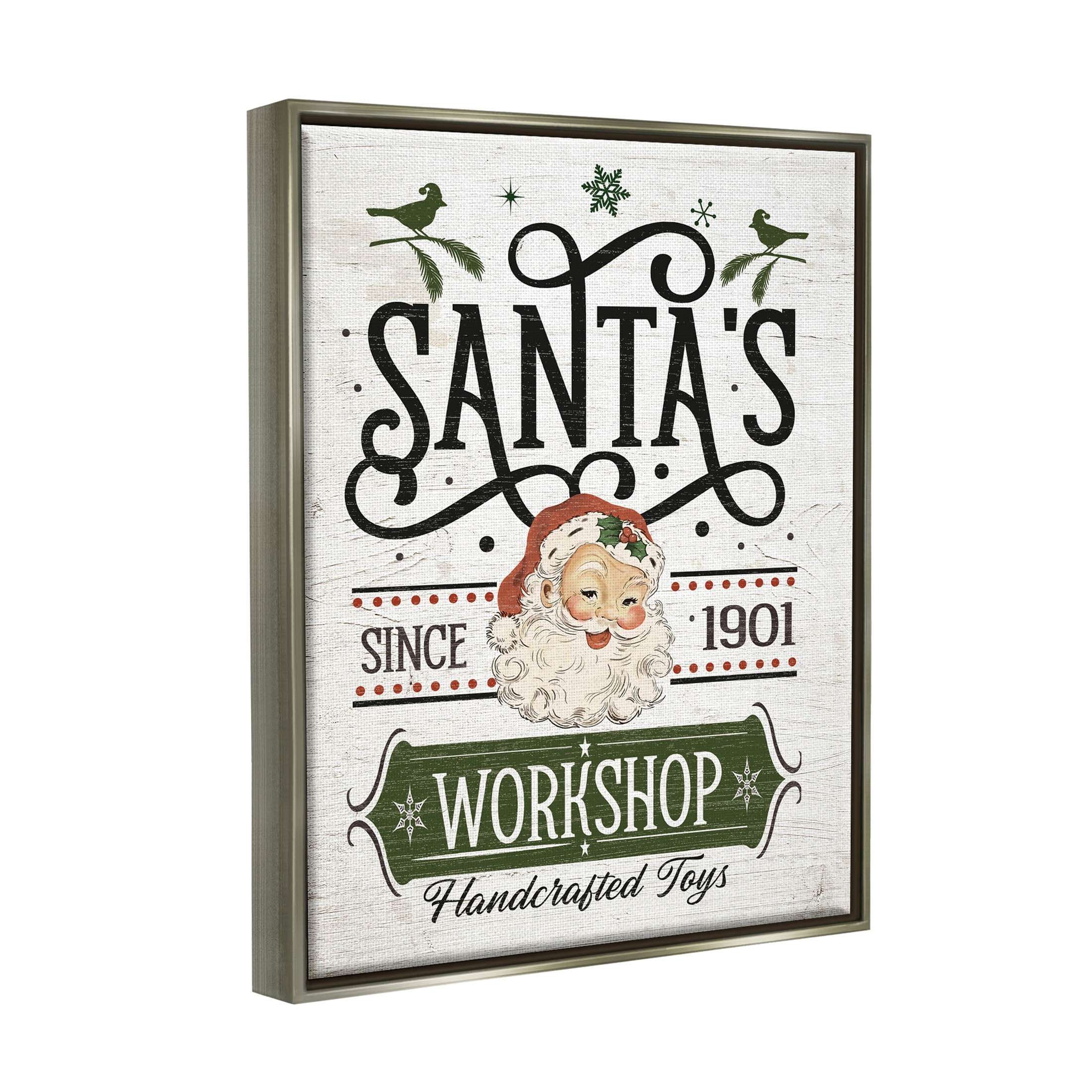 Santa's Workshop Toys Vintage Signage Holiday Graphic Art Luster Gray Framed Art Print Wall Art