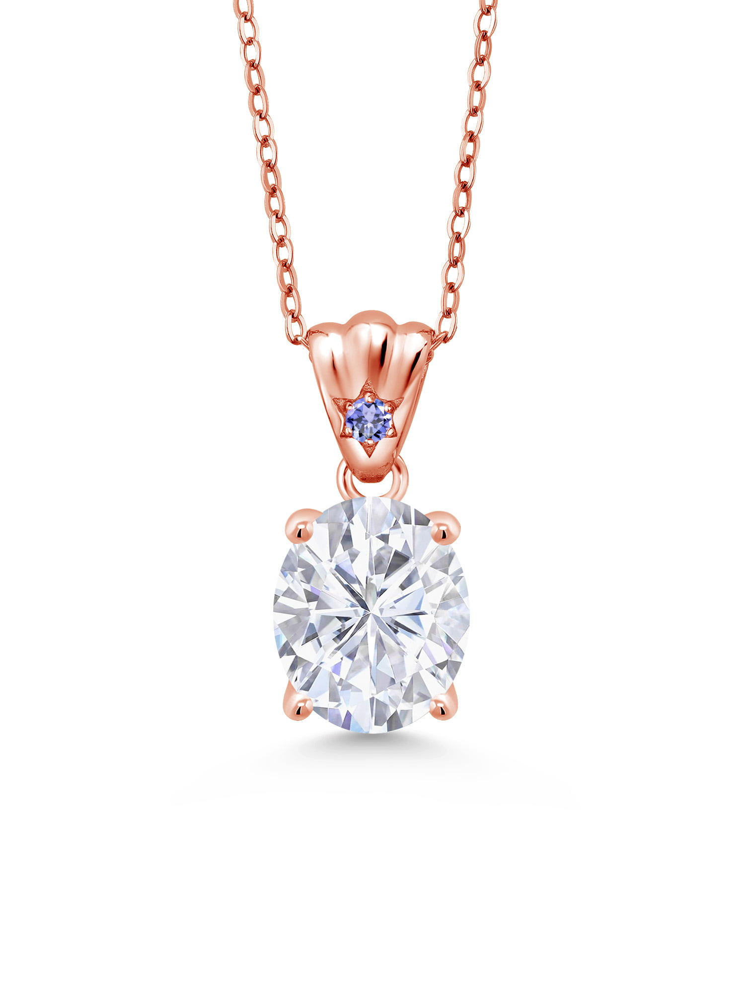 Gem Stone King 18K Rose Gold Plated Silver Pendant Set with Forever Classic  Very Light Oval 4.34cttw Created Moissanite from Charles & Colvard and 