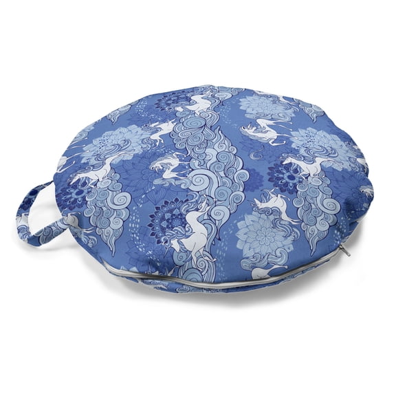 Fantasy World Round Floor Cushion with Handle, Unicorns Fantasy World Cloud Silhouettes Floral Ornaments Pattern, Pillow for Living Room & Dorms, 18" Round, Ceil Blue Pale Blue, by Ambesonne