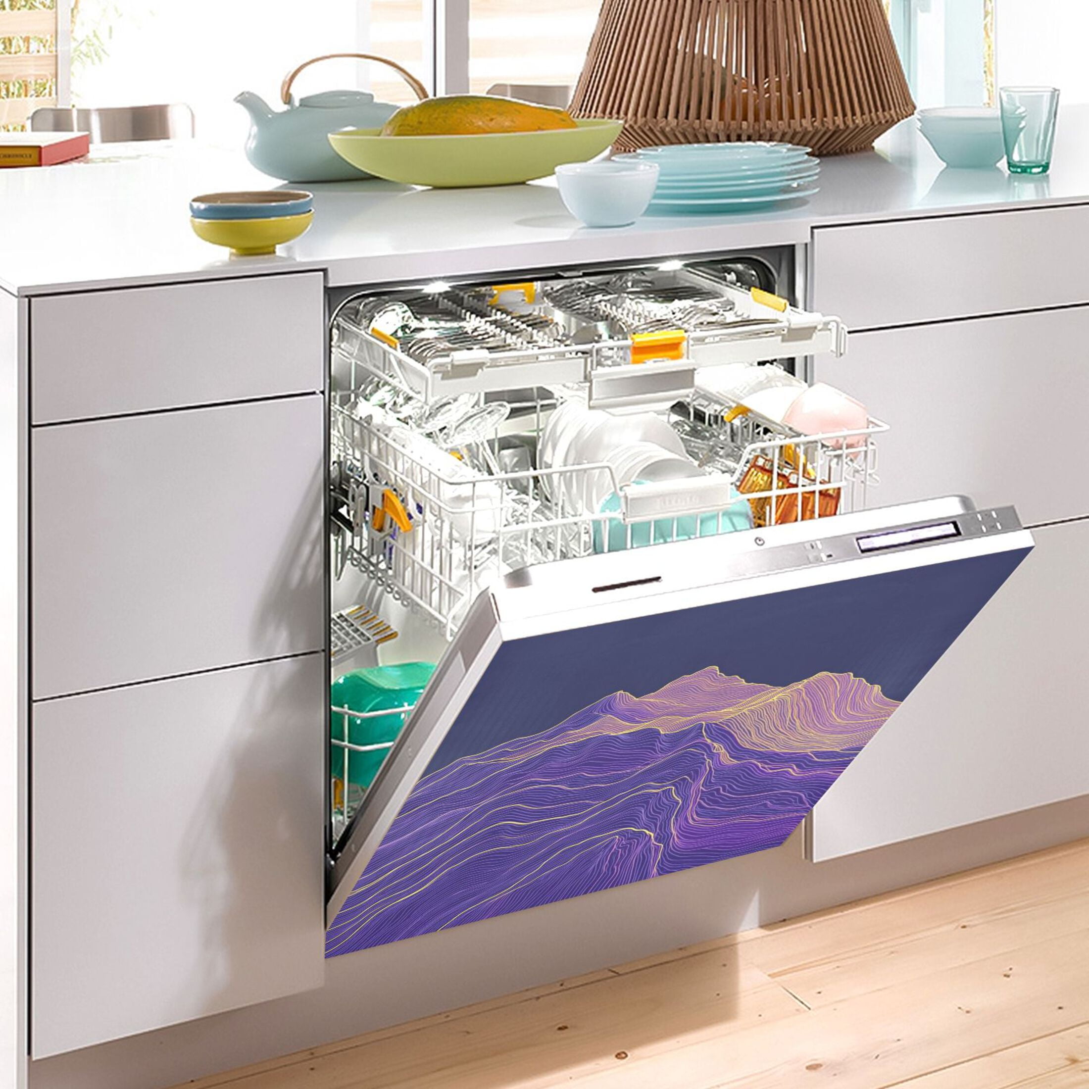 Dishwasher Magnetic Sticker 23x26 Inch Refrigerator Magnetic Sticker Washing Machine Magnetic Sticker Kitchen Panel Magnetic Sticker Home Decor Purple Line Mountain